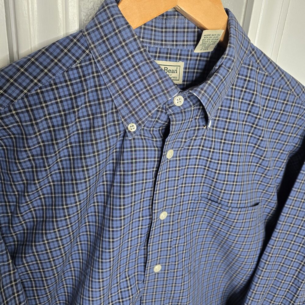 LL Bean Shirt Men's Large Tall Blue White Gingham Check Long Sleeve Button Down